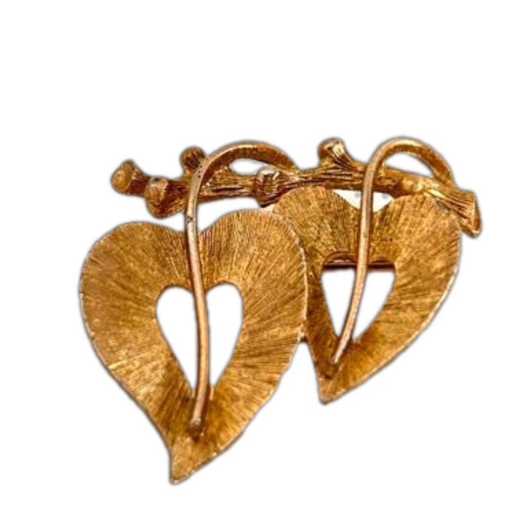 Double Heart Cordate Leaf Leaves Branch Matte Gold tone JJ Pin Brooch Unsigned